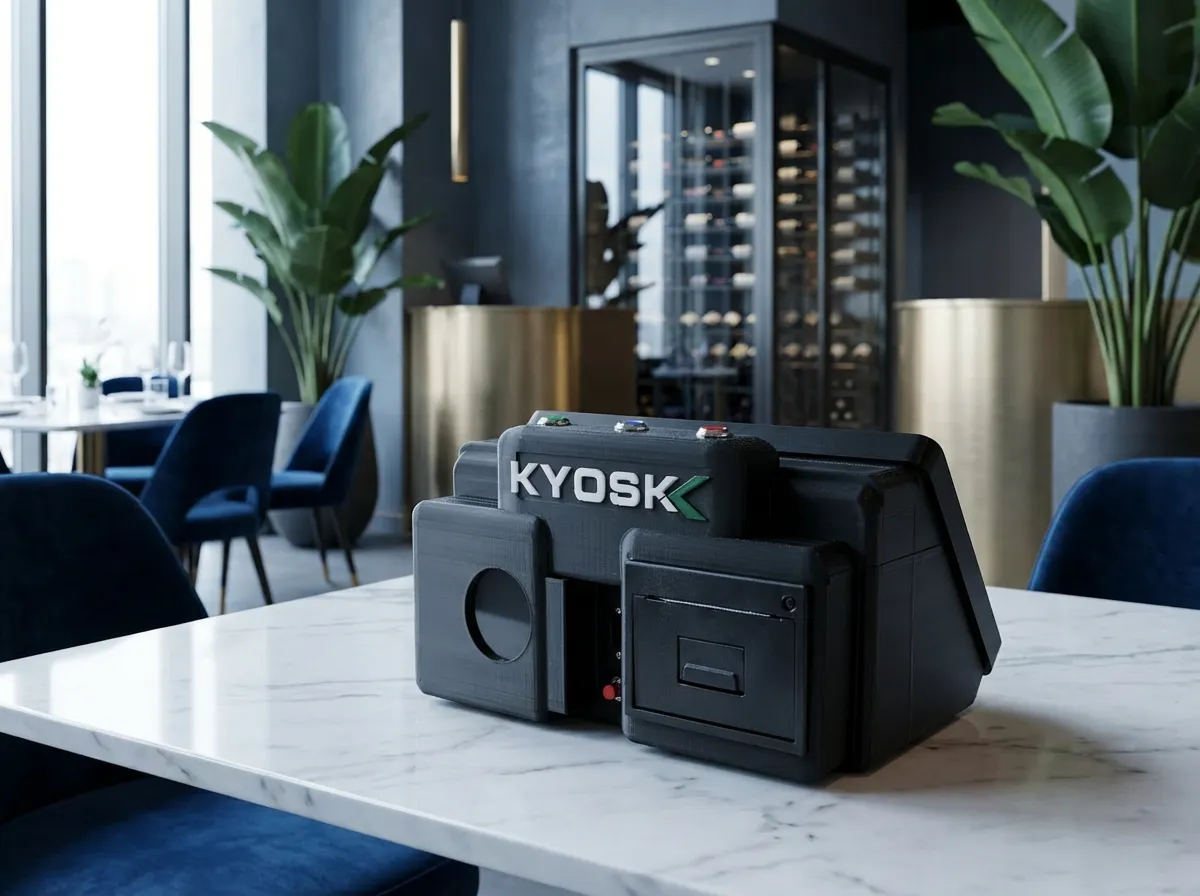Kyosk Mini Plus hardware detail in a premium hospitality space